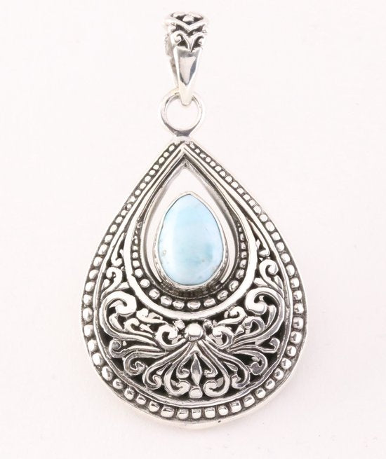 Bewerkte druppelvormige zilveren hanger met larimar afbeelding 1