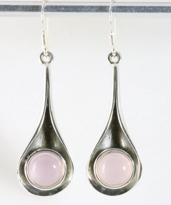 Lange druppelvormige zilveren oorbellen met rozenkwarts afbeelding 1