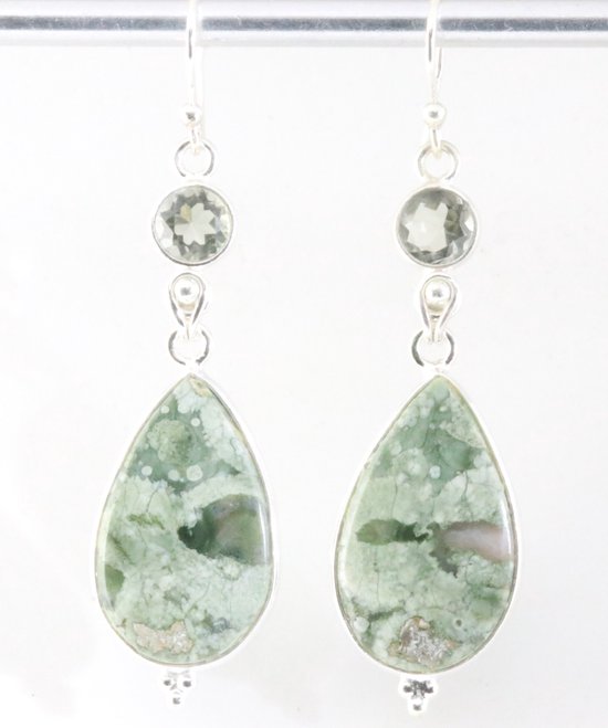 Lange zilveren oorbellen met rhyoliet jaspis en groene amethist afbeelding 1