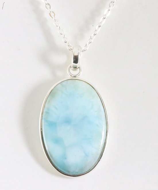 Grote ovale zilveren hanger met larimar aan ketting afbeelding 1