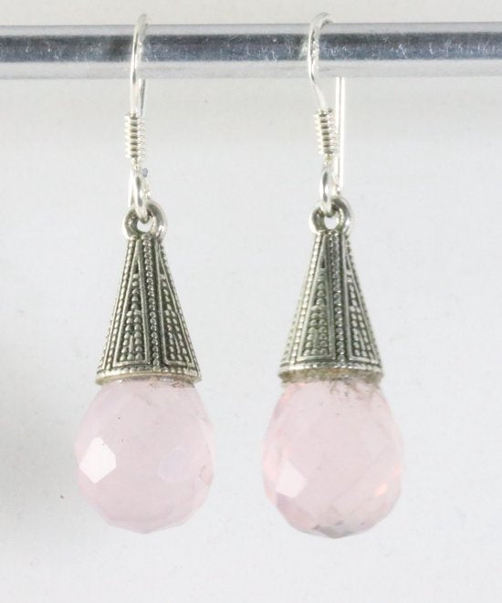 Bewerkte zilveren oorbellen met rozenkwarts afbeelding 1