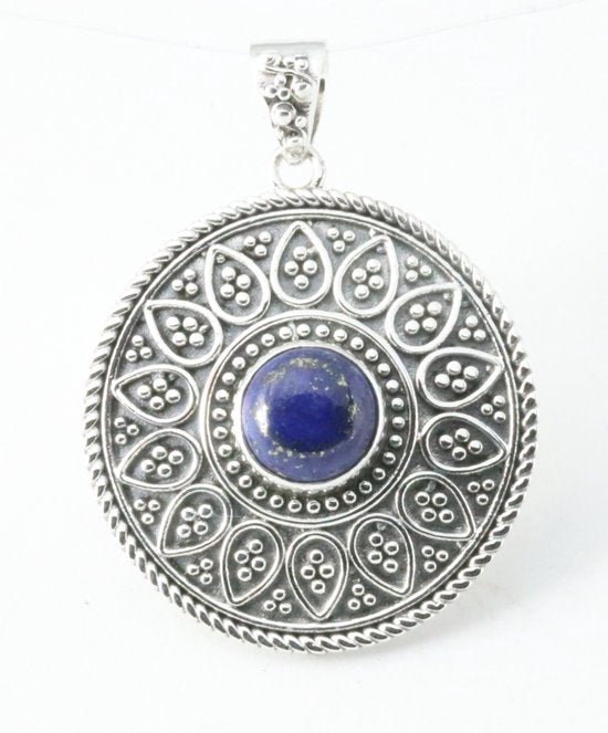 Ronde bewerkte zilveren hanger met lapis lazuli afbeelding 1
