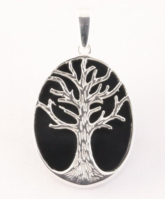 Ovale zilveren hanger met levensboom op onyx afbeelding 1