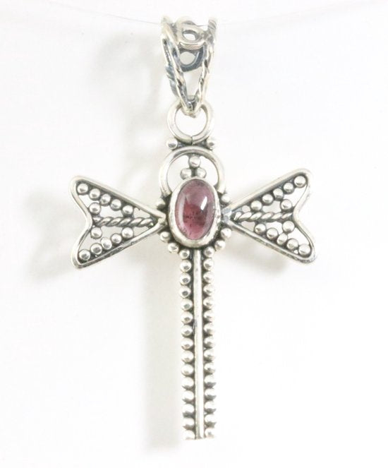 Zilveren libelle hanger met granaat afbeelding 1