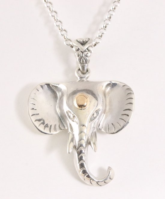 Traditionele zilveren olifant hanger met 18k gouden decoratie aan ketting afbeelding 1