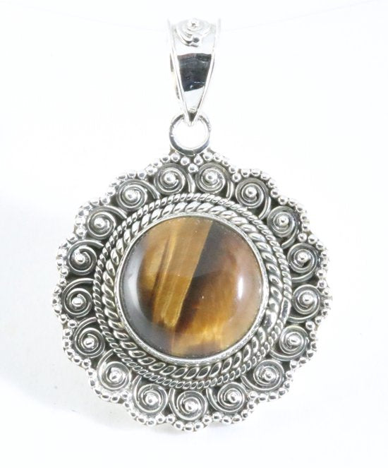 Ronde bewerkte zilveren hanger met tijgeroog afbeelding 1