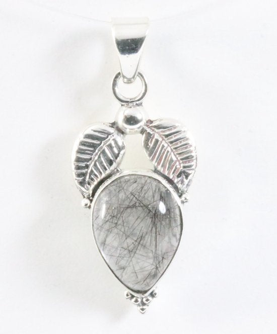 Bewerkte zilveren hanger met zwarte rutielkwarts afbeelding 1