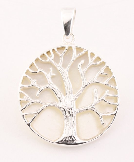 Ronde zilveren hanger met levensboom op parelmoer afbeelding 1