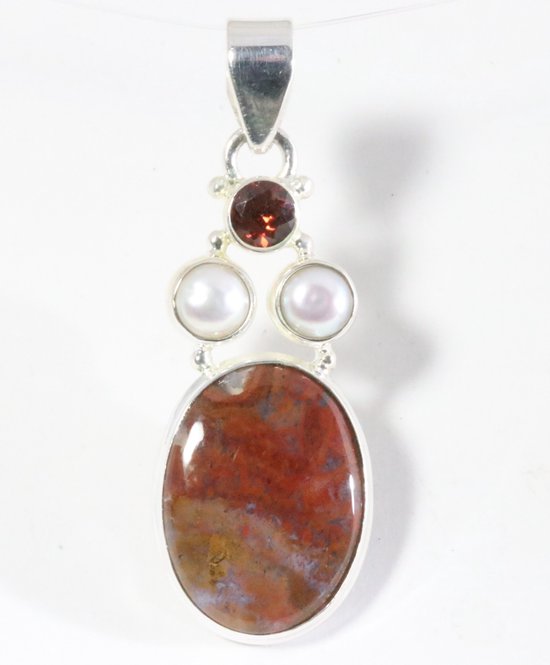 Zilveren hanger met Marokkaanse sesam agaat, granaat en parel afbeelding 1