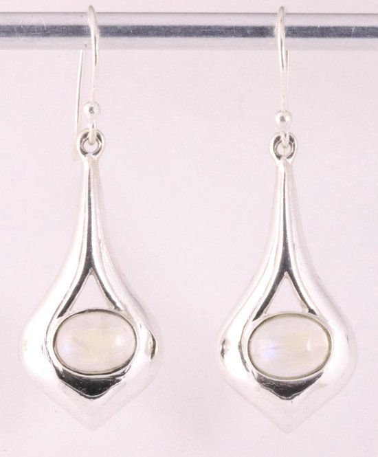 Druppelvormige hoogglans zilveren oorbellen met regenboog maansteen afbeelding 1