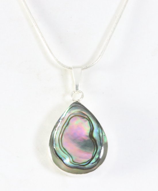 Druppelvormige zilveren hanger met abalone schelp aan ketting afbeelding 1