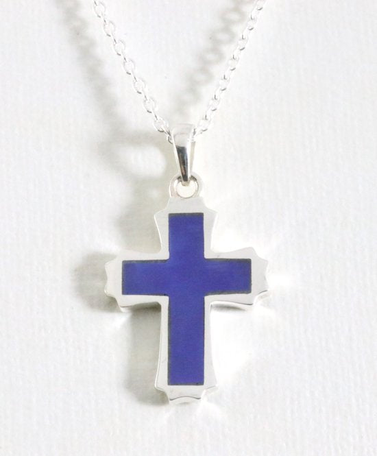 Zilveren kruishanger met lapis lazuli aan ketting afbeelding 1