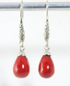 Bewerkte zilveren oorbellen met rode koraal steen afbeelding 1
