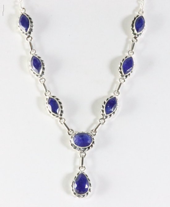 Bewerkte zilveren ketting met blauwe saffier afbeelding 1