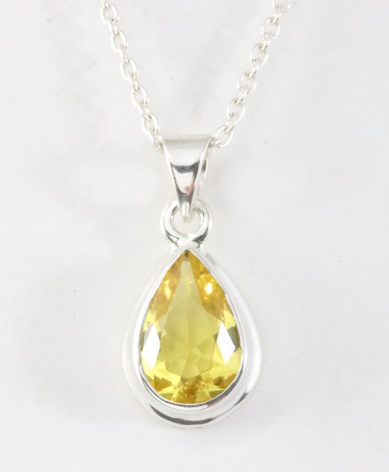 Druppelvormige zilveren hanger met citrien aan ketting afbeelding 1