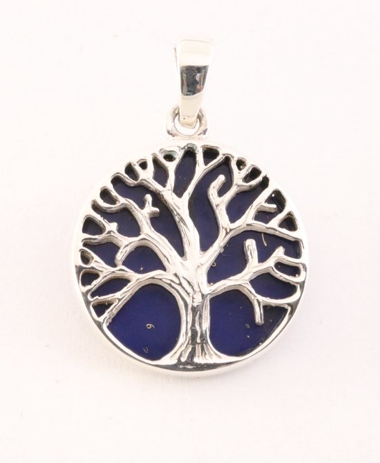 Fijne ronde zilveren hanger met levensboom op lapis lazuli afbeelding 1
