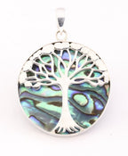 Ronde zilveren hanger met levensboom op abalone schelp afbeelding 1