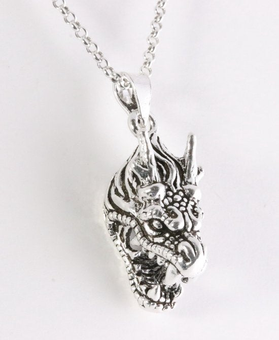 Zilveren drakenkop hanger aan jasseron ketting afbeelding 1