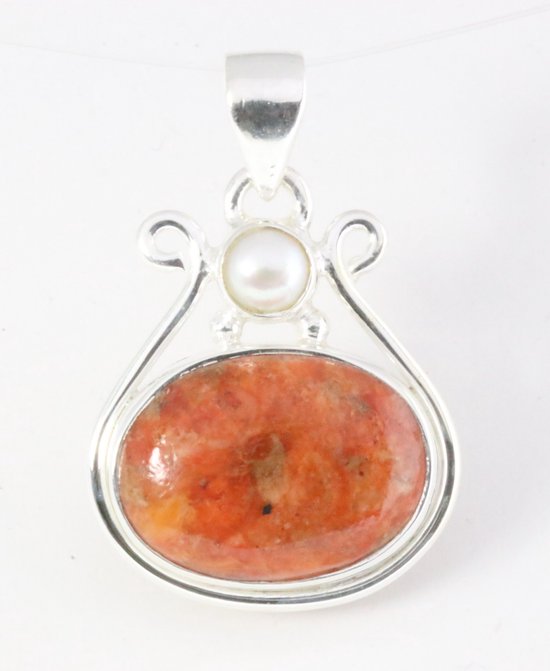 Zilveren hanger met rode Mohave turkoois en parel afbeelding 1