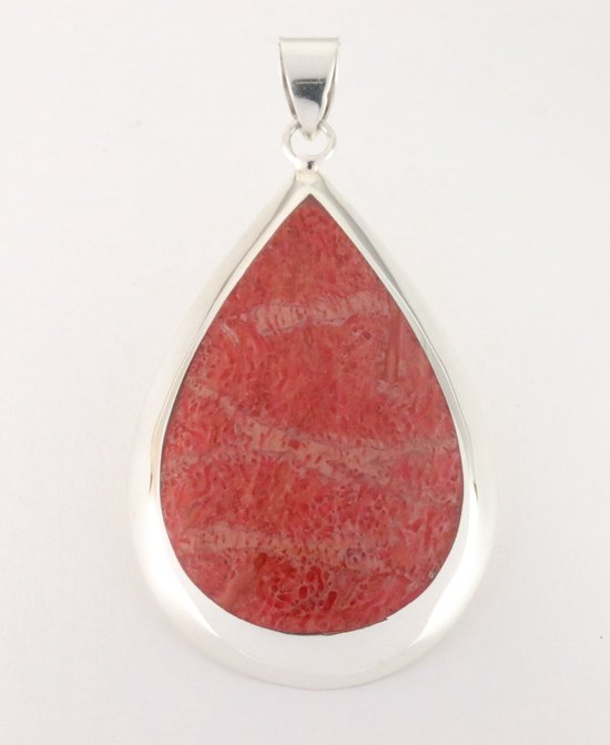 Grote druppelvormige zilveren hanger met rode koraal steen afbeelding 1