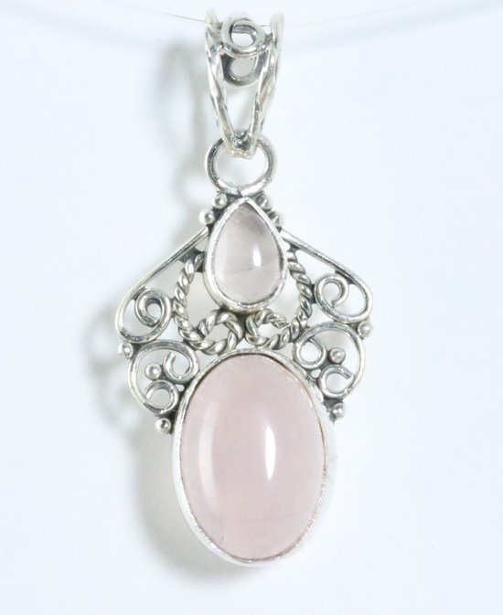 Opengewerkte zilveren hanger met rozenkwarts afbeelding 1