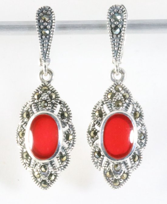 Zilveren oorstekers met carneool en marcasiet afbeelding 1