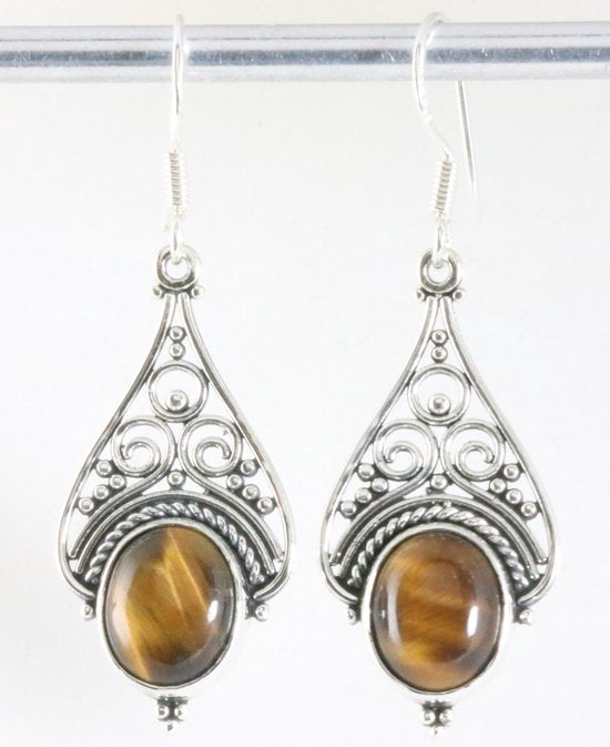 Lange opengewerkte zilveren oorbellen met tijgeroog afbeelding 1