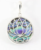 Ronde zilveren lotus bloem hanger met abalone schelp afbeelding 1