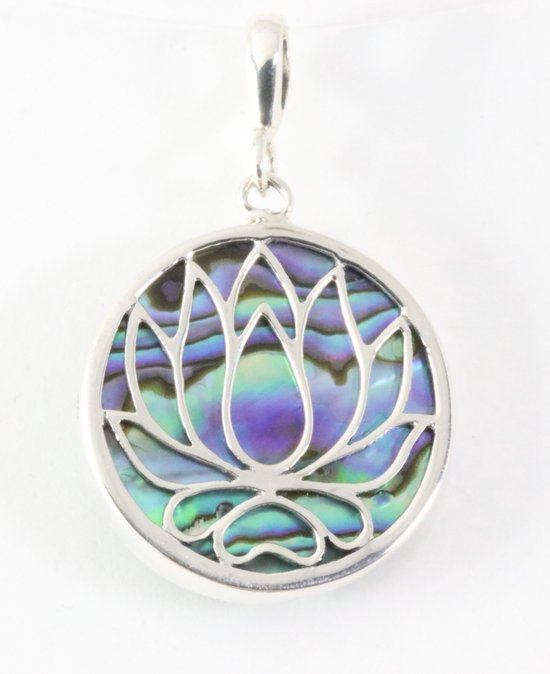 Ronde zilveren lotus bloem hanger met abalone schelp afbeelding 1