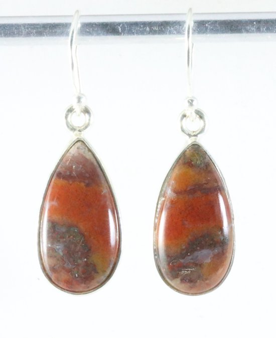 Druppelvormige zilveren oorbellen met rode slangen jaspis afbeelding 1