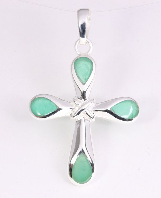 Hoogglans zilveren kruishanger met groene agaat afbeelding 1