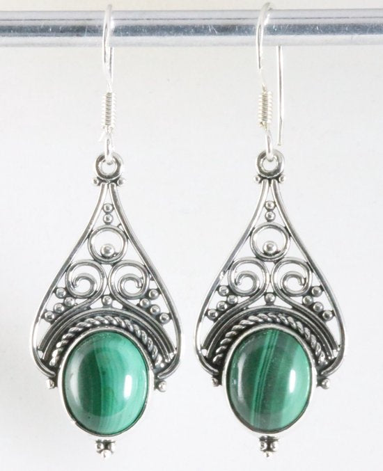 Lange opengewerkte zilveren oorbellen met malachiet afbeelding 1
