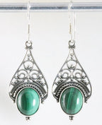 Lange opengewerkte zilveren oorbellen met malachiet afbeelding 1