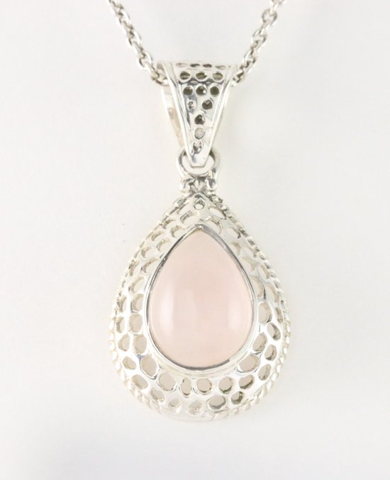 Opengewerkte zilveren hanger met rozenkwarts aan ketting afbeelding 1