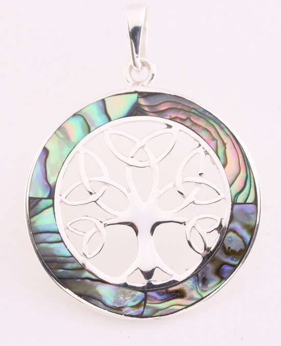 Ronde zilveren levensboom hanger met abalone schelp afbeelding 1
