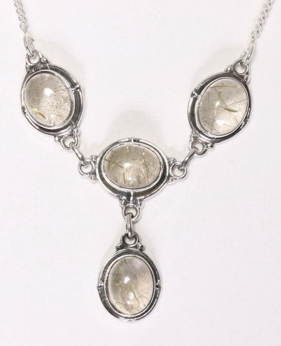 Bewerkte zilveren ketting met gouden rutielkwarts afbeelding 1