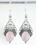 Lange opengewerkte zilveren oorbellen met rozenkwarts afbeelding 1