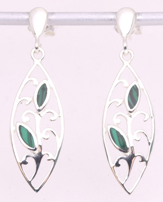 Opengewerkte zilveren oorstekers met malachiet afbeelding 1