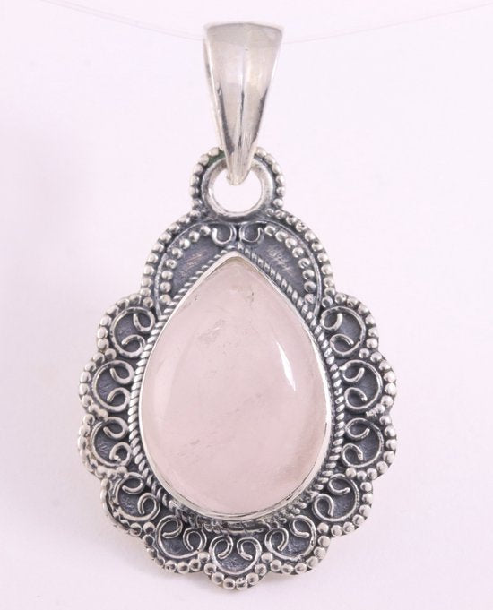 Bewerkte zilveren hanger met rozenkwarts afbeelding 1