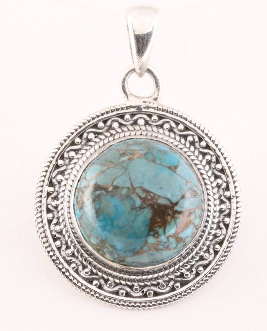 Bewerkte ronde zilveren hanger met blauwe koperturkoois afbeelding 1