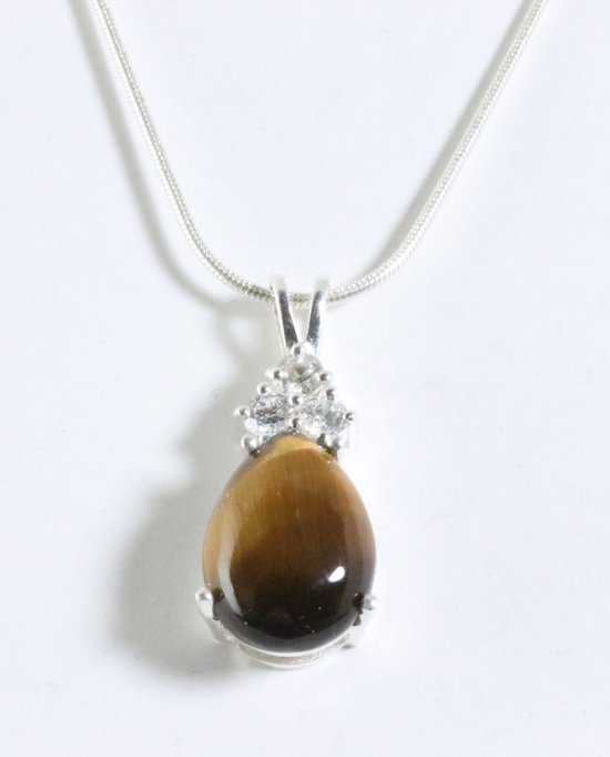 Zilveren hanger met tijgeroog en witte topaas aan ketting afbeelding 1