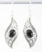 Lange bewerkte zilveren oorbellen met onyx afbeelding 1