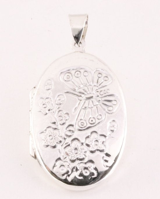 Ovaal zilveren medaillon met vlinder- en bloemengravering afbeelding 1