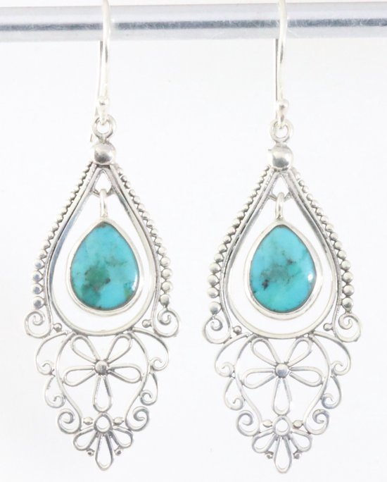 Lange opengewerkte zilveren oorbellen met Tibetaanse turkoois afbeelding 1
