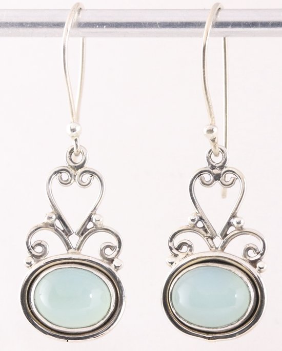 Lange opengewerkte zilveren oorbellen met aqua chalcedoon afbeelding 1
