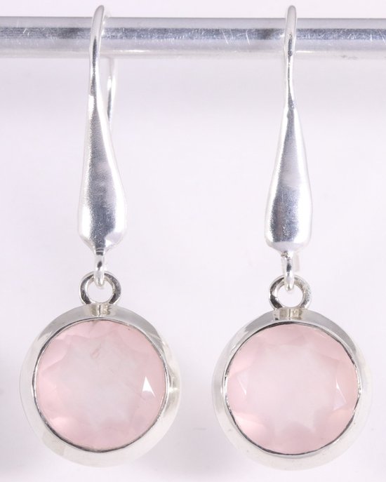 Lange hoogglans zilveren oorbellen met rozenkwarts afbeelding 1