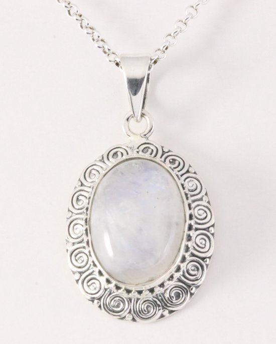 Bewerkte zilveren hanger met regenboog maansteen aan ketting afbeelding 6