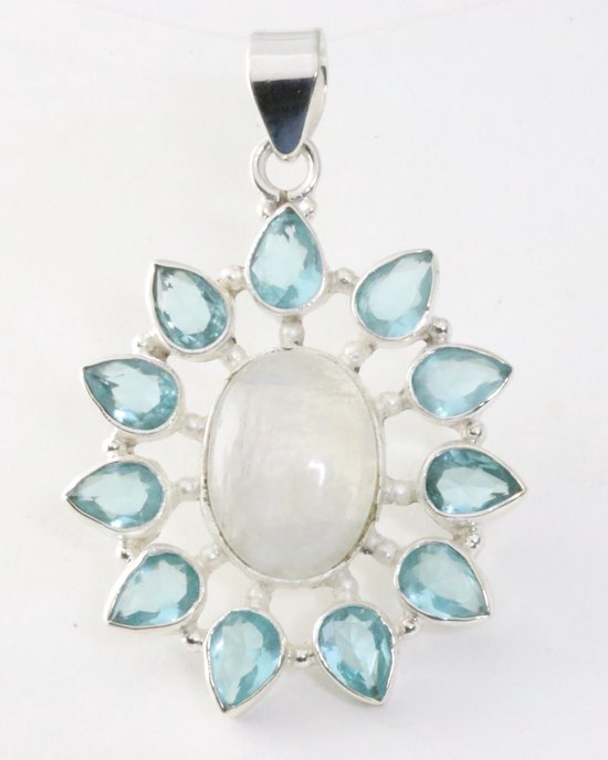 Grote opengewerkte zilveren hanger met regenboog maansteen en blauwe topaas afbeelding 1