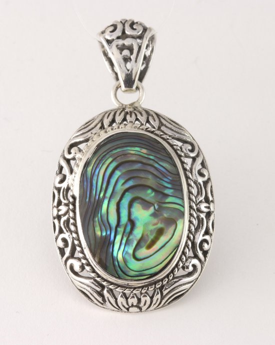 Opengewerkte zilveren hanger met abalone schelp afbeelding 1