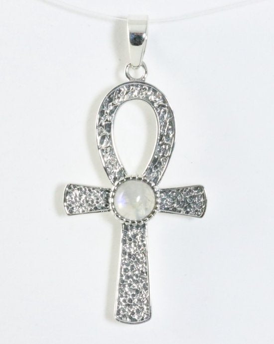 Bewerkte zilveren ankh hanger met regenboog maansteen afbeelding 1